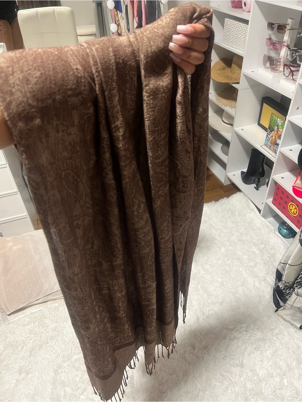 Brown Paisley-Patterned Decorative Throw Scarf